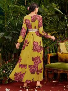 Divindia Women's Floral Print Lantern Sleeve Style Dress