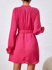 SHEIN Tall Women's Stand Collar Frill Trim Pleated Dress, Tall Women - Hot Pink - View 2