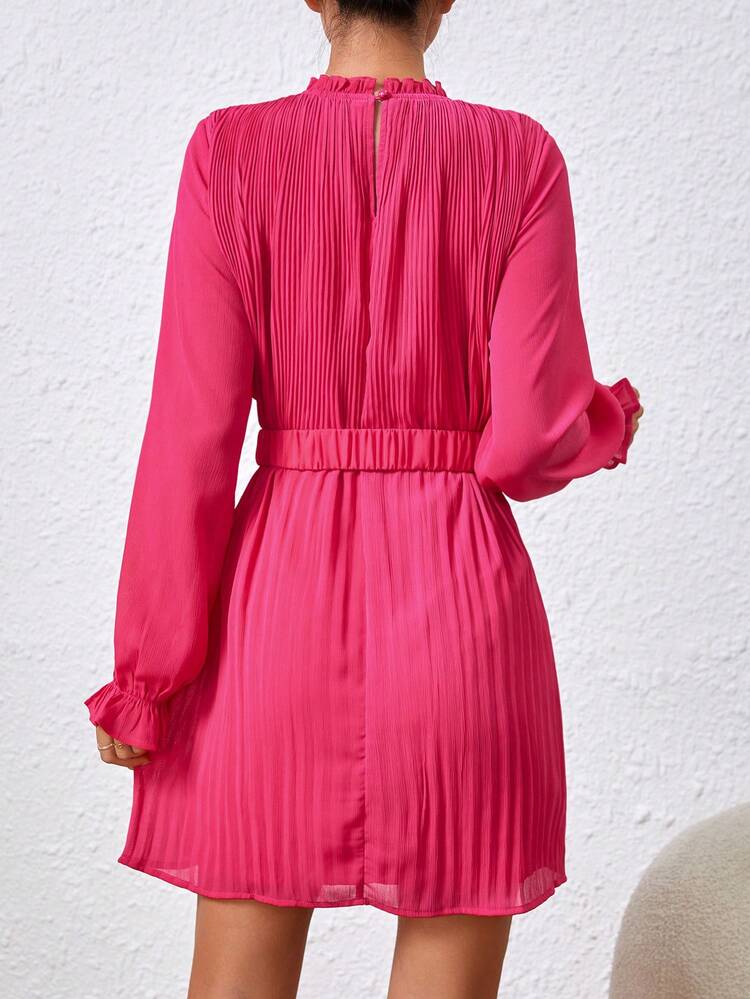 Women's Stand Collar Frill Trim Pleated Dress