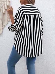 EMERY ROSE Plus Size Women Striped Roll-Up Sleeve Blouse, Summer - Black and White - View 4