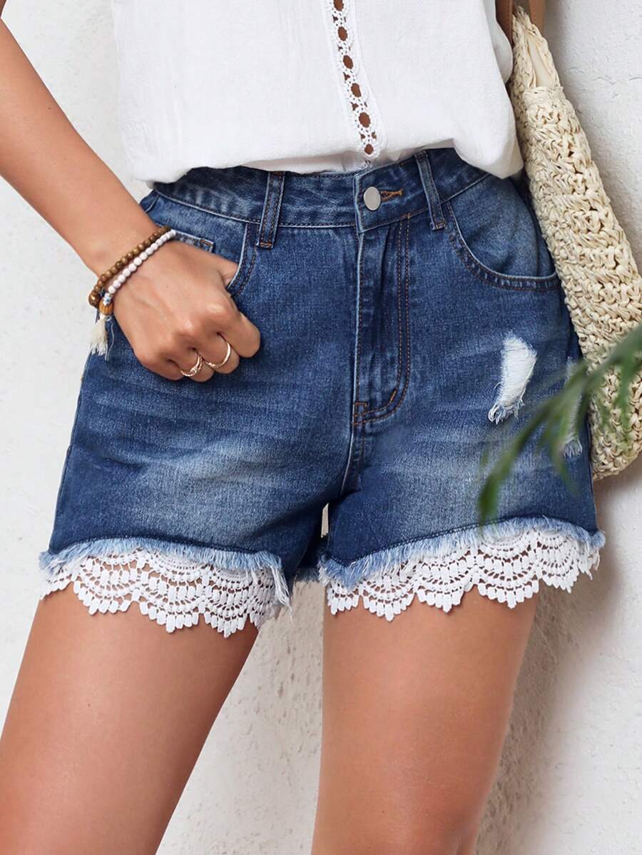 SHEIN LUNE Women's Lace Patchwork Denim Shorts - Blue - View 1