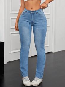 女用水洗效果緊身牛仔褲 - 中等水洗藍 - 查看 6