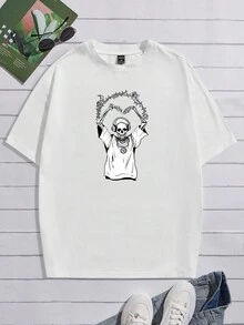 Manfinity 男士骷髏印花圓領t恤 - 白色 - 查看 5