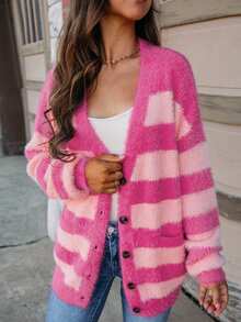 Khối màu Sọc Có nút 	
Fuzzy Áo len Mở - Màu Hồng Tươi - Xem 3