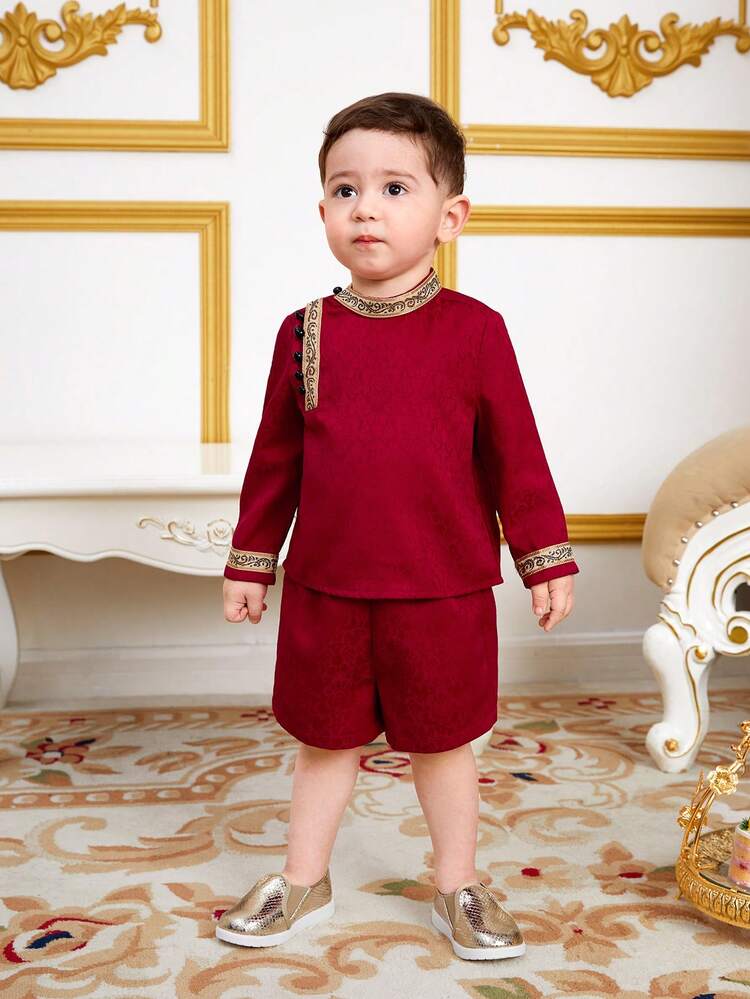 Baby Boys' Traditional Stand Collar Top With Woven Tape And Shorts Set