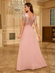 Women's Glamorous Sequin Sleeve Dress With Slit Hem And Fringe - Pink - View 2