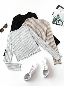 SHEIN Frenchy Women's Round Neck Long Sleeve Ribbed T-Shirt - Multicolor - View 2