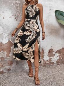 SHEIN VCAY Của phụ nữ Thực vật In Halter Neck Cái nĩa cao Đầm - màu xanh lá - Xem 4