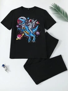 Men'S Spring/Summer New Arrival Astronaut & Space Planet Printed Home Wear Set - Black - View 1