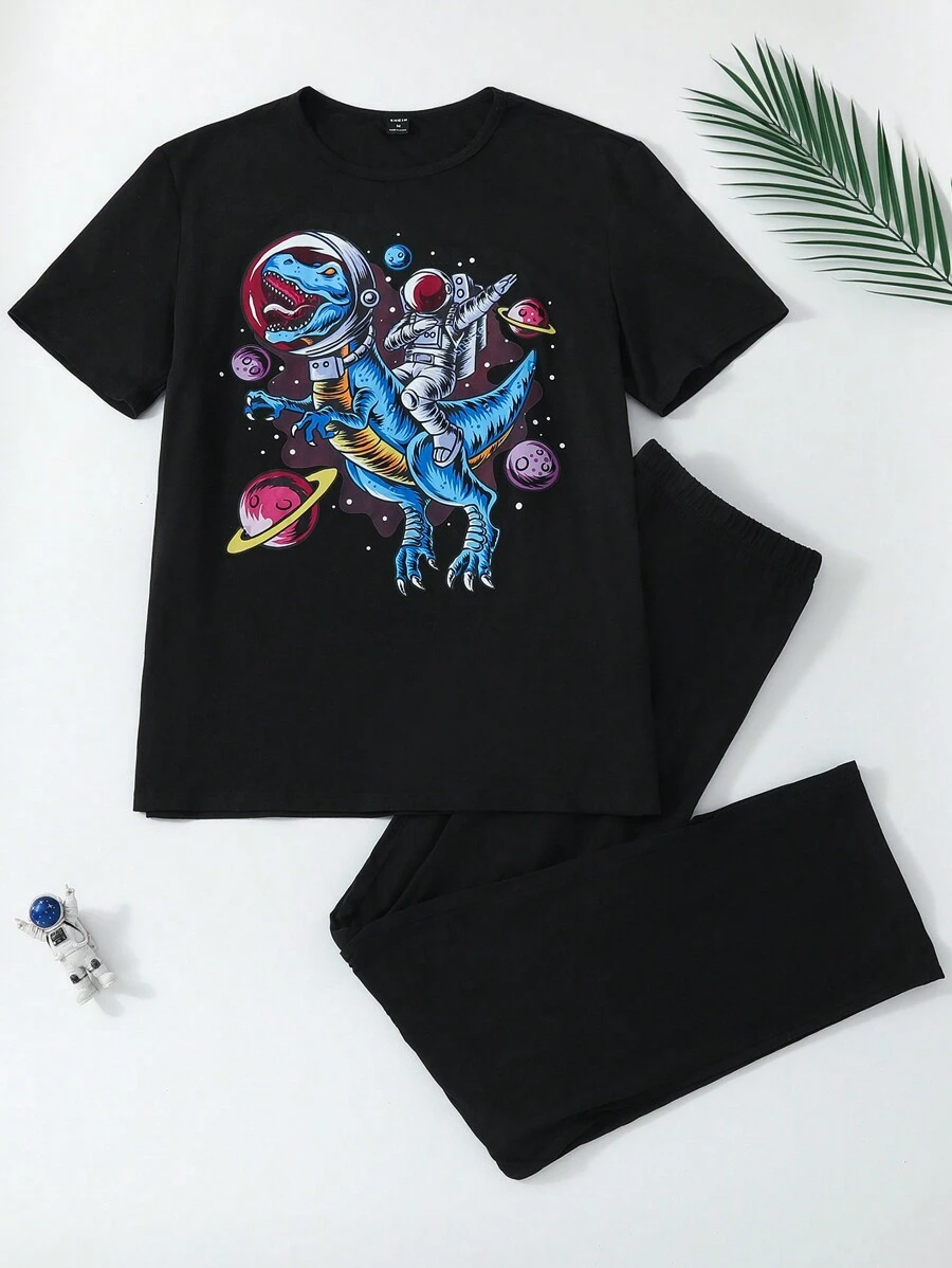 Men'S Spring/Summer New Arrival Astronaut & Space Planet Printed Home Wear Set - Black - View 1