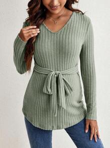 SHEIN Maternidad Camiseta tejida de canalé con cinturón - Verde militar - Ver 5