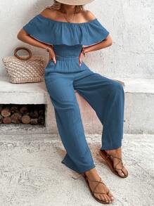 Breezaya 女士露肩荷葉邊上衣和寬腳褲套裝 - 藍色 - 查看 5