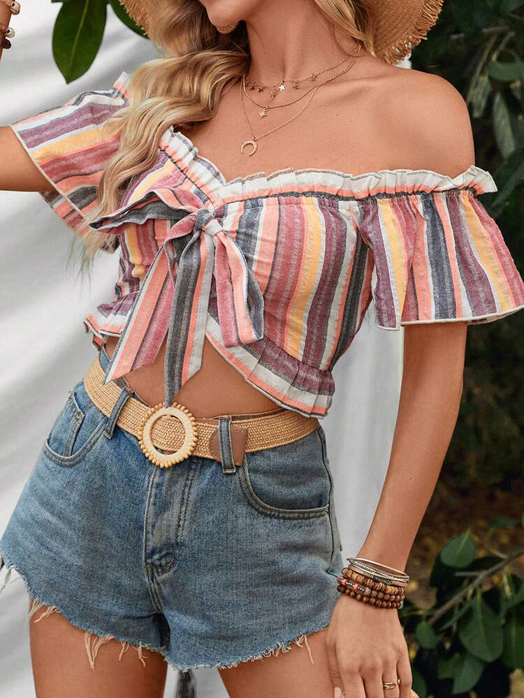 Women'S Off-Shoulder Striped Crop Top With Front Knot