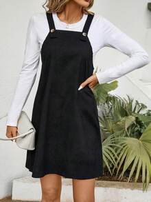 SHEIN LUNE Solid Color Corduroy Suspenders Dress - Black - View 5