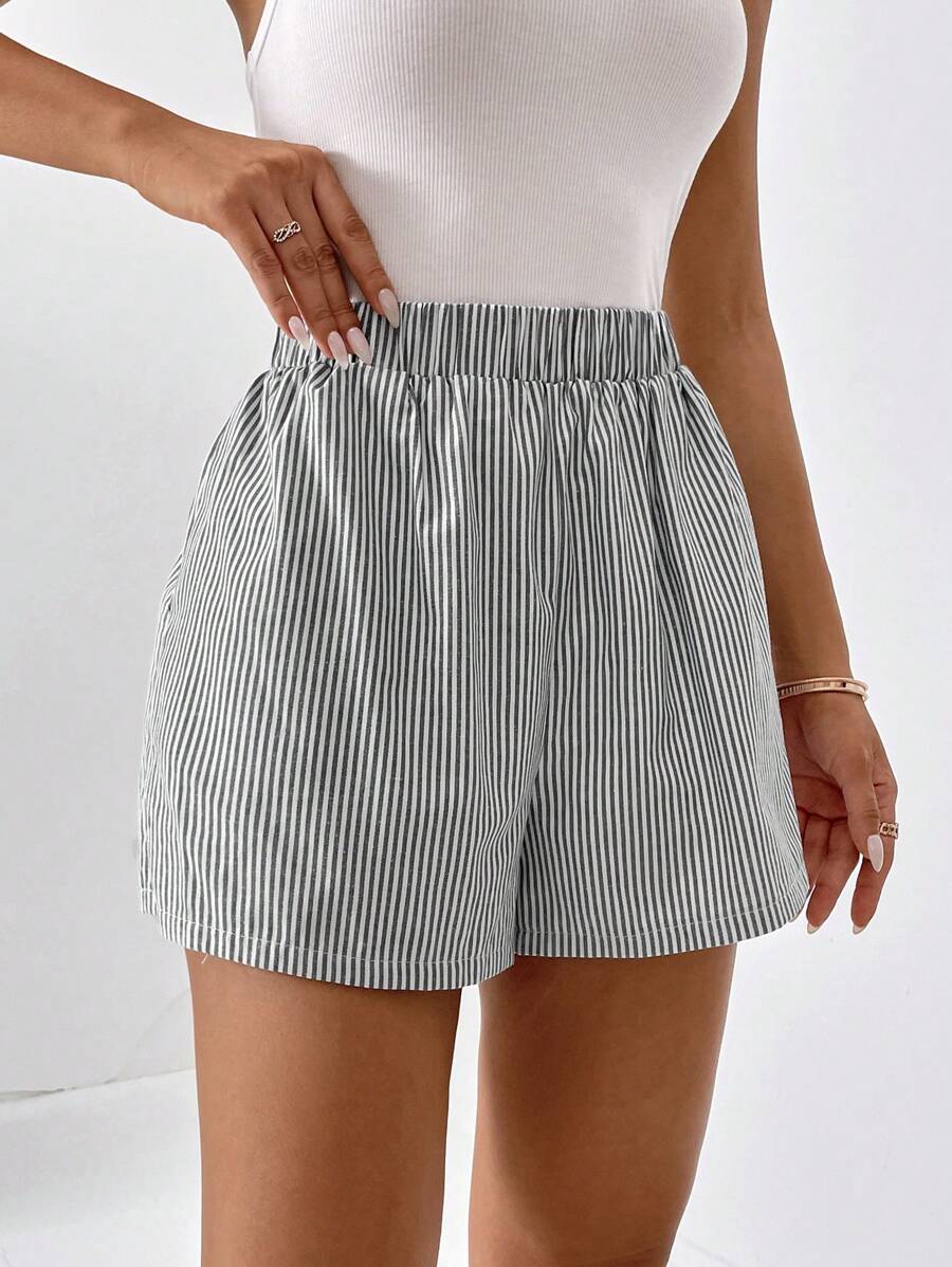 SHEIN Essnce Women's Vertical Striped Elastic Waist Shorts - Grey - View 1