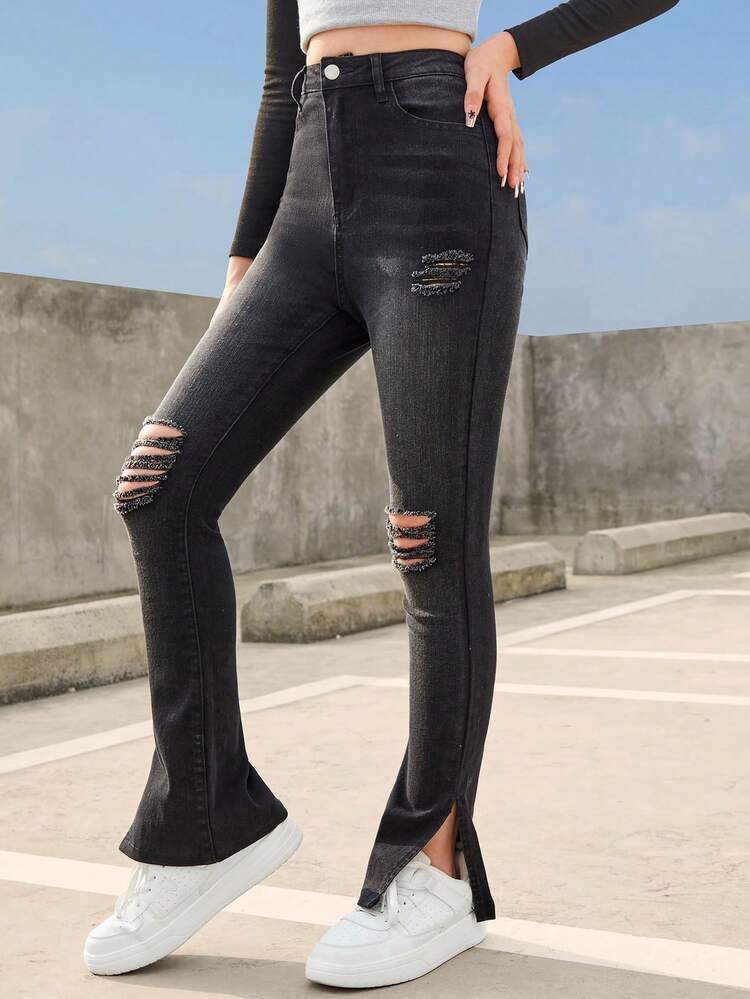 Y2K Teen Girls' Street Fashion Tight High Elasticity Comfortable Asymmetrical Ripped Black Flared Jeans