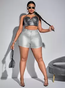 SHEIN SXY Plus Size Metallic Fabric Slim Fit Shorts - Silver - View 3