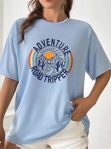 SHEIN EZwear Mẫu In Thả vai Ngắn tay Áo thun - Màu xanh nhạt - Xem 3