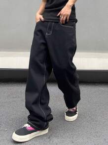 GALLERY FADE 宽松版型男士撞色缝线斜口袋牛仔裤纯色宽牛仔裤长款宽松纯色黑色洗水工装牛仔裤，适合送给丈夫、男朋友的礼物，适合外出工作、通勤、大学街头、垃圾摇滚 - 黑色 - 查看 5