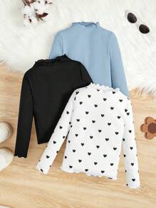 小女孩純色愛心圖案立領休閒t卹3入組 - 藍色 - 查看 1