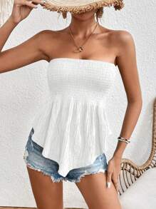 SHEIN Frenchy Off-Shoulder Shirred Panel Design Tube Top Summer White Casual - White - View 7