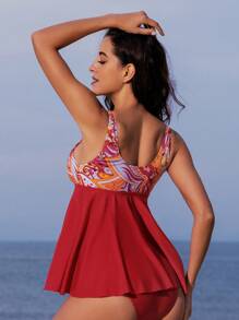 SHEIN Swim Summer Paisley Print Ruffled Hem Tank Top And Triangle Bottom Tankini Set - Multicolor - View 2