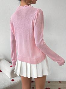 SHEIN Unity Áo len dài tay nữ có bèo nhún và viền trang trí, kiểu áo chui đầu dệt kim mùa thu đông. - Hồng - Xem 2