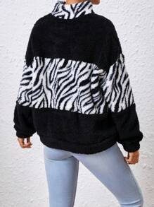 SHEIN EZwear Women's Sweatshirt With Color Block, Zebra Pattern Patch And Fleece Details,Long Sleeve Tops - Black - View 2