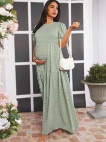 Loomaby Vestido Sólido De Maternidad Con Mangas Tipo Globo - Verde - Ver 3