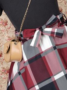 SHEIN Young Girl Puff Sleeve Top And Checked Skirt Set With Hat - Rose Red - View 4