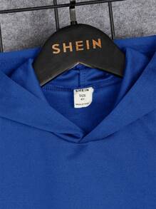 SHEIN 2pcs/Set Young Boy Casual Daily Commute Sports Style Letter Print Hoodie Vest And Drawstring Waist Shorts - Royal Blue - View 4