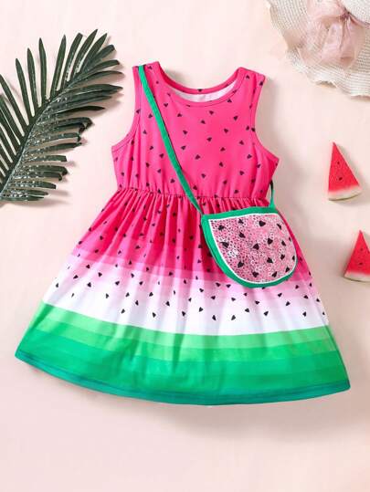 SHEIN Young Girl Cute Gradient Watermelon Printed Dress With Matching Bag, School, Campus, College
