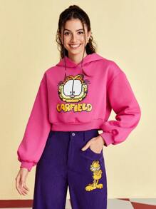 GARFIELD | SHEIN 卡通印花短版連帽衫 - 粉色 - 查看 1