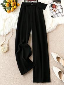 SHEIN LUNE Plus Size Women's Solid Color Pants - Black - View 1