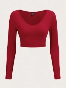 SHEIN BASICS Ladies Solid Crop Top T-Shirt - Burgundy - View 1