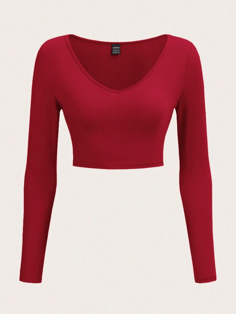 SHEIN BASICS Ladies Solid Crop Top T-Shirt - Burgundy - View 1