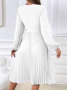 SHEIN Privé Ladies' Solid Color Lantern Sleeve Dress With Pleated Hem And Belt - White - View 2