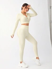 Yoga Basic Bộ quần dài thể thao hở lưng tay dài cho nữ - Màu be - Xem 2