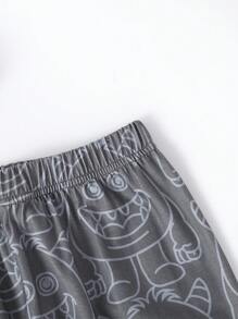 Tween Boys' Cartoon Cute Monster Print Short Sleeve Tee And Pants Comfortable 2pcs Homewear Set - Black - View 4