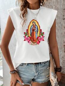 SHEIN LUNE 1 件女士小雕像印花圆领落肩休闲 T 恤 - 白色 - 查看 4