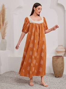 Al Najma Women's Contrast Color Embroidered Applique Puff Sleeve Dress - Orange - View 3