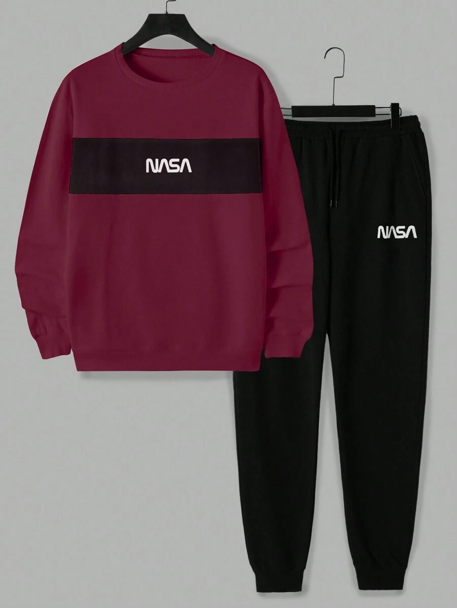 EURMUSE Men's Letter Printed Hooded Sweatshirt And Jogger Pants Set - Burgundy - View 1