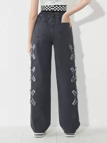 Teen Girls' Cross Patchwork Jeans - Black - View 2