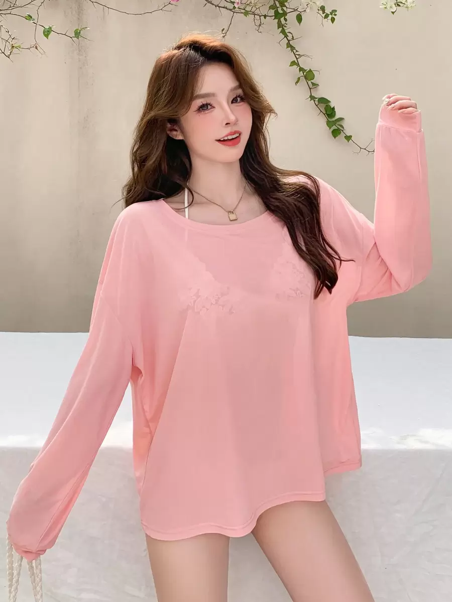DAZY 1pc Long Sleeve Semi-Sheer Cover Up Summer,Beach Women Outfits