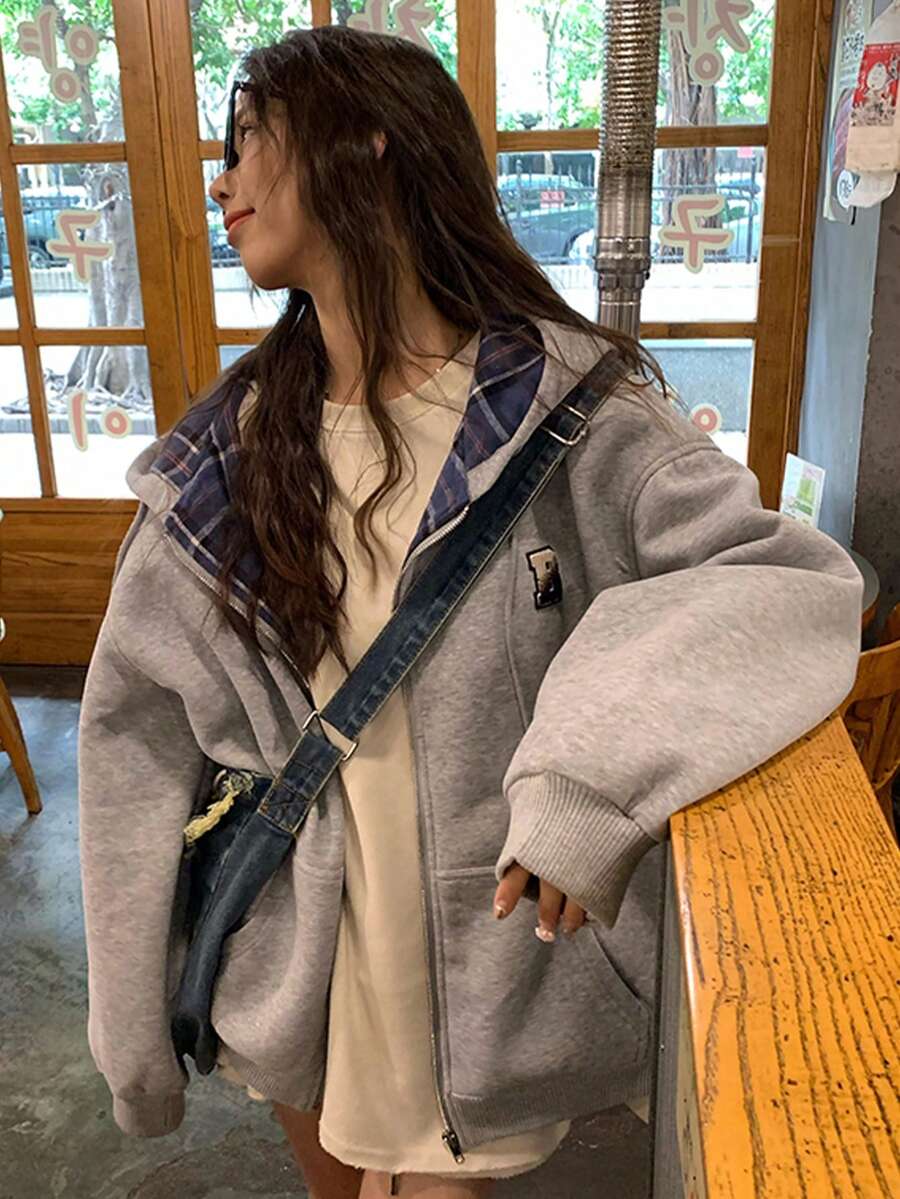 Sudadera Gris Con Cierre Y Estampado De Letra Para Talla Suelta - Gris - Ver 1