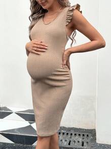 SHEIN Maternity Dress With Texture And Cap Sleeves - Apricot - View 1