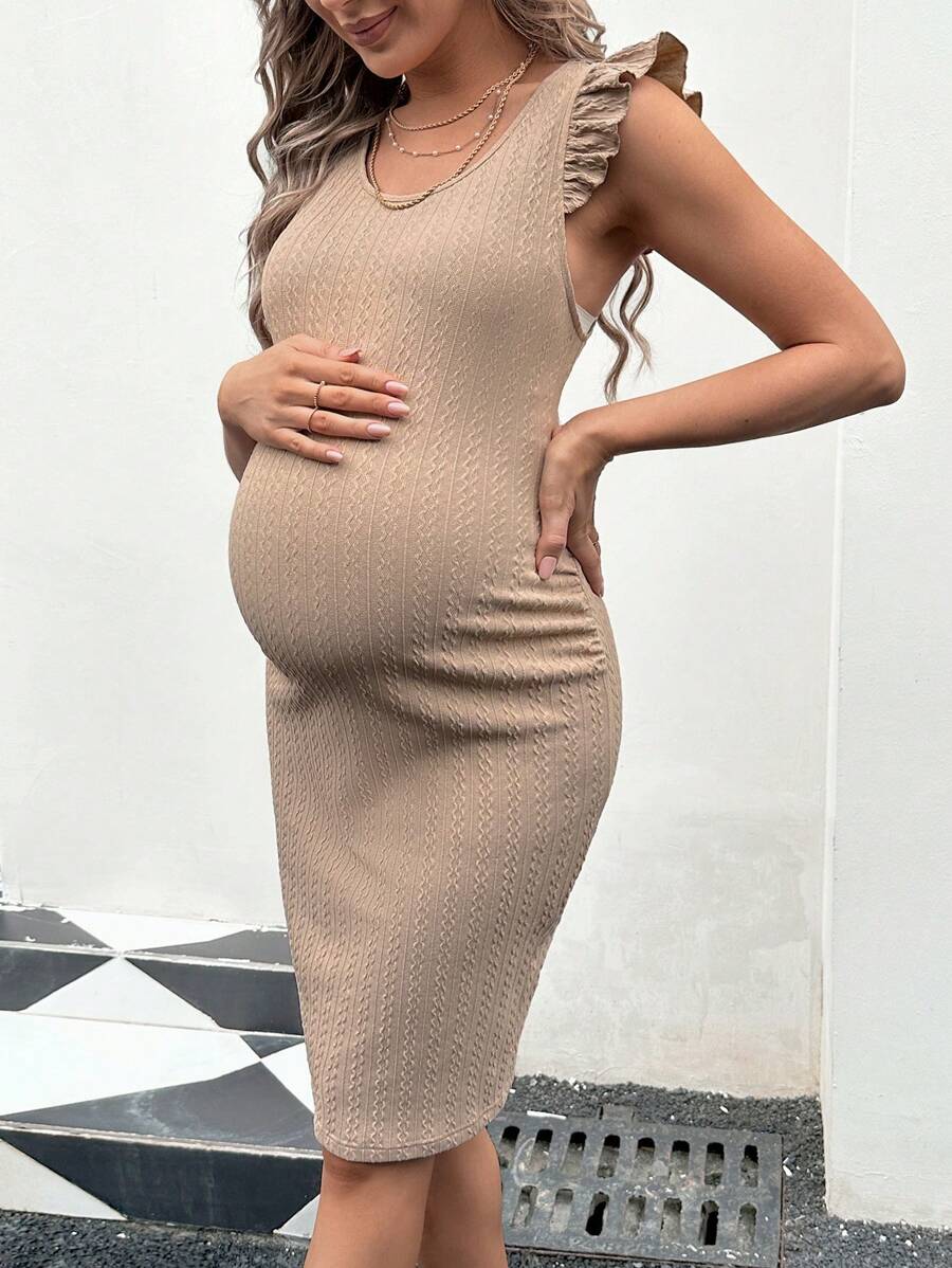 SHEIN Maternity Dress With Texture And Cap Sleeves - Apricot - View 1