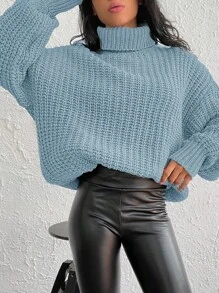 EURMUSE Turtleneck Drop Shoulder Sweater - Blue - View 5