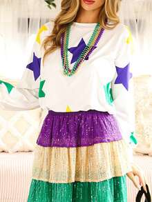 Áo cánh tay dài cổ tròn in hình ngôi sao Mardi Gras phong cách Boho dành cho nữ - trắng - Xem 5