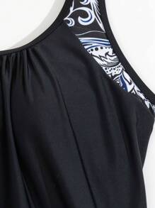 SHEIN Swim Summer Beach Women's Floral Printed Vest Style Tankini Set - Black - View 6